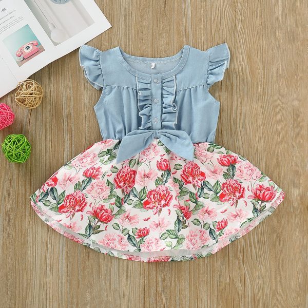 Baby Floral Denim Splice Dresses